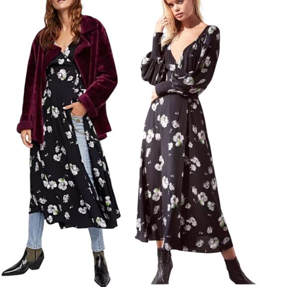 Free People Dresses & Skirts - Free People So Sweetly Floral Midi Dress Size S Long Sleeves